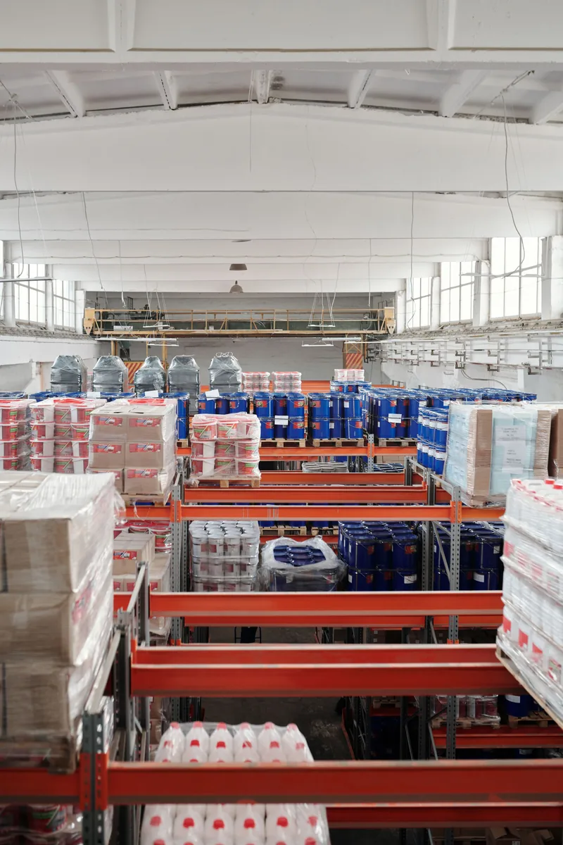 Warehouse aisle with boxed products ready for shipping to the EU